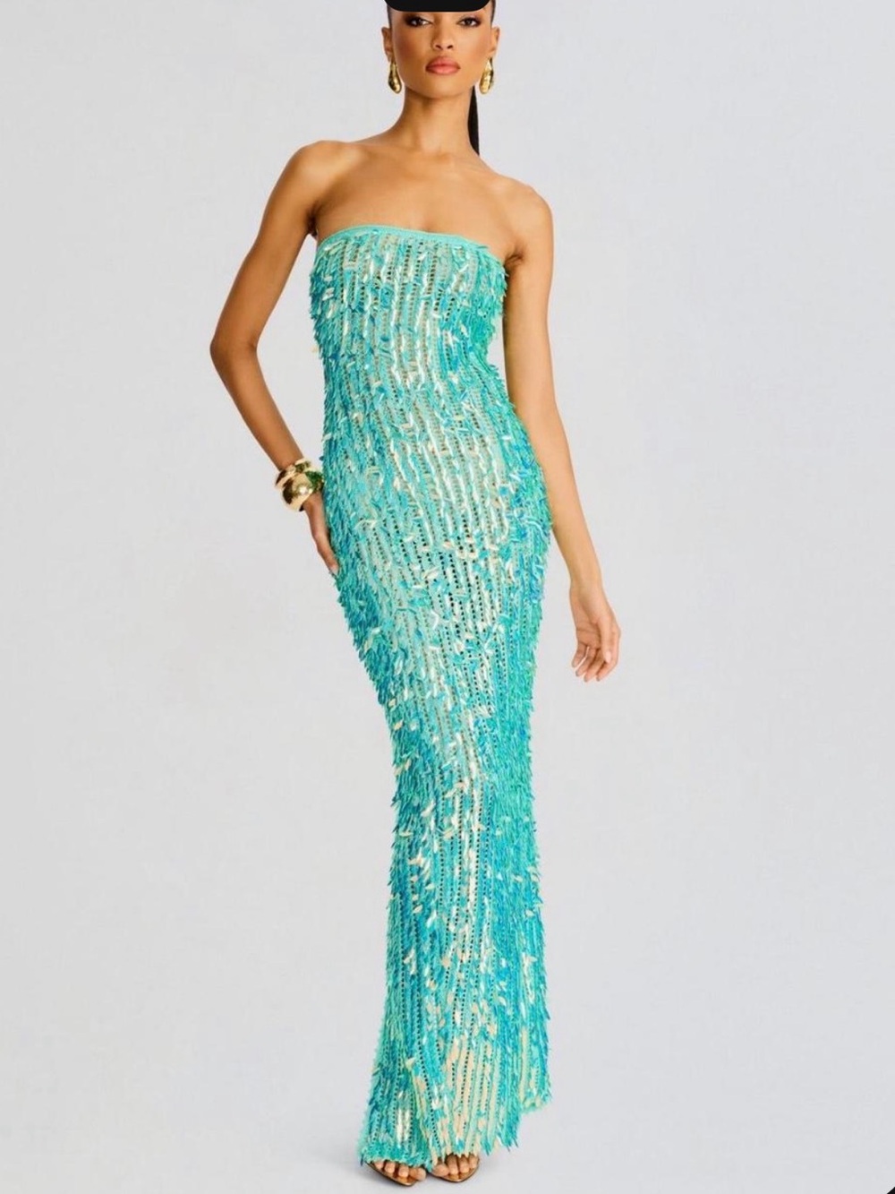 Retrofete Aqua Strapless Sequin Fringe Gown